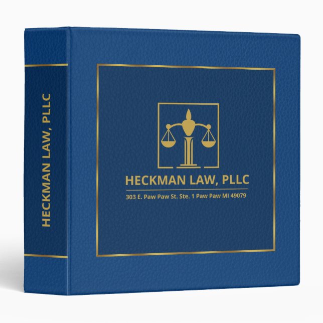 Blue Leather Texture  Gold Justice Scale & Frame 3 Ring Binder (Front/Spine)