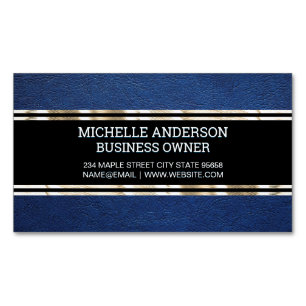 Blue Leather Texture   Gold Trim Metallic Foil Business Card Magnet