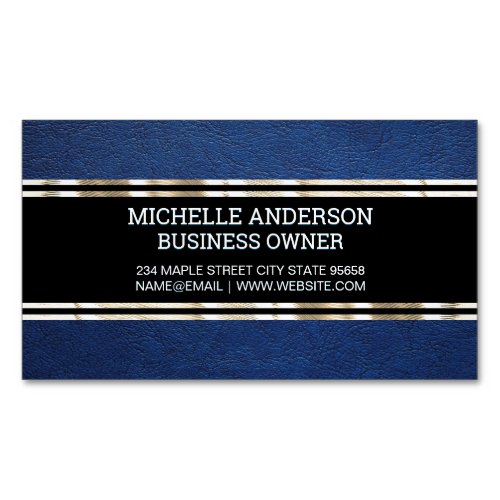 Blue Leather Texture  Gold Trim Metallic Foil Business Card Magnet