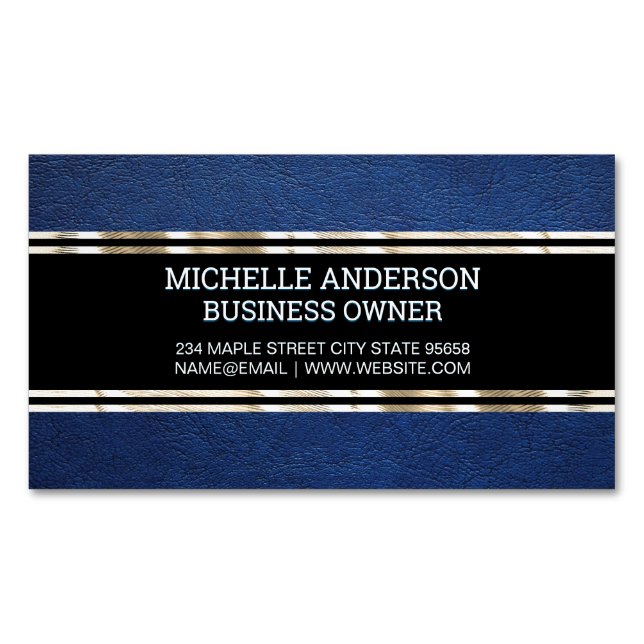 Blue Leather Texture | Gold Trim Metallic Foil Business Card Magnet (Front)