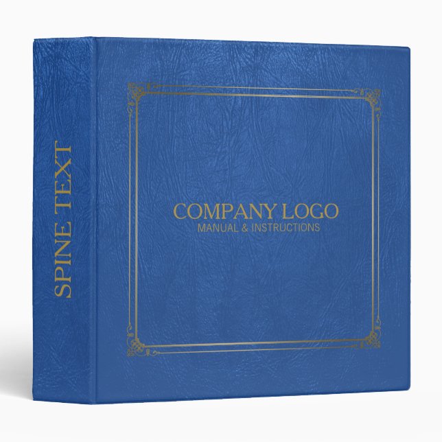 Blue Leather With Gold Frame Accent 3 Ring Binder (Front/Spine)