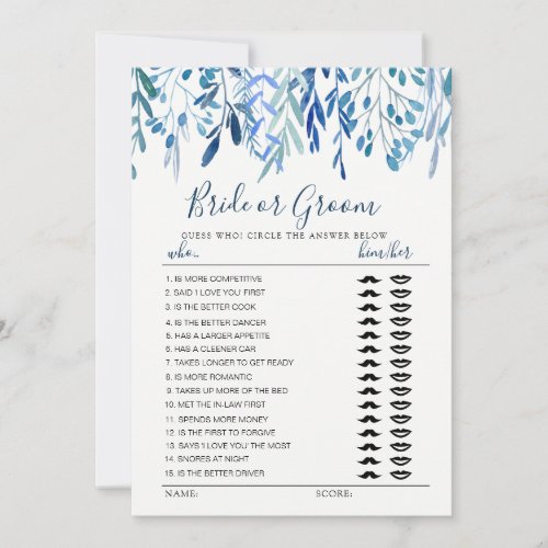 Blue leave Bride or Groom game editable monogram Invitation