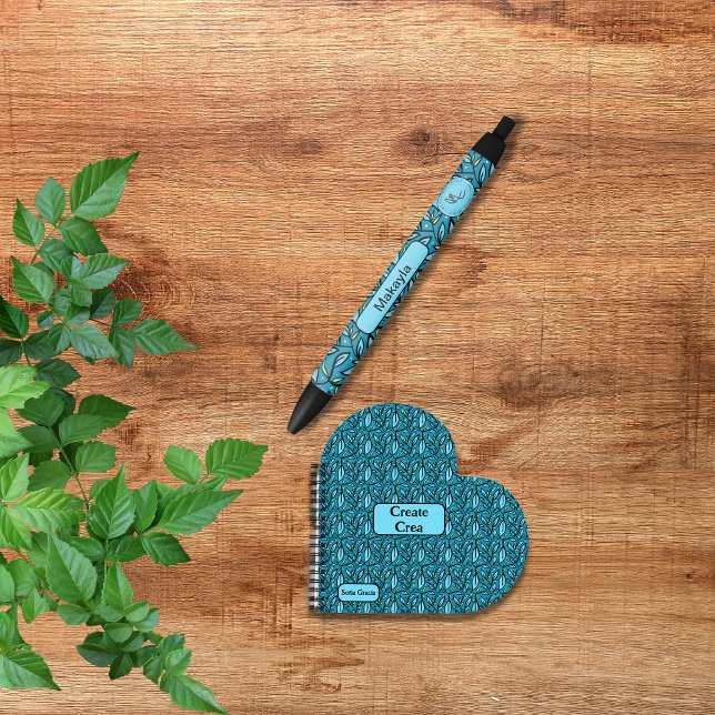 Blue Leave Pattern with Name & Logo Gift Pen (Blue leaves pen, gift pen for customers or clients, colleagues, bilingual. multilingual project)