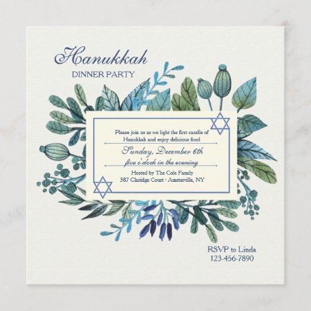Blue Leaves And Berries Hanukkah Party Invitation