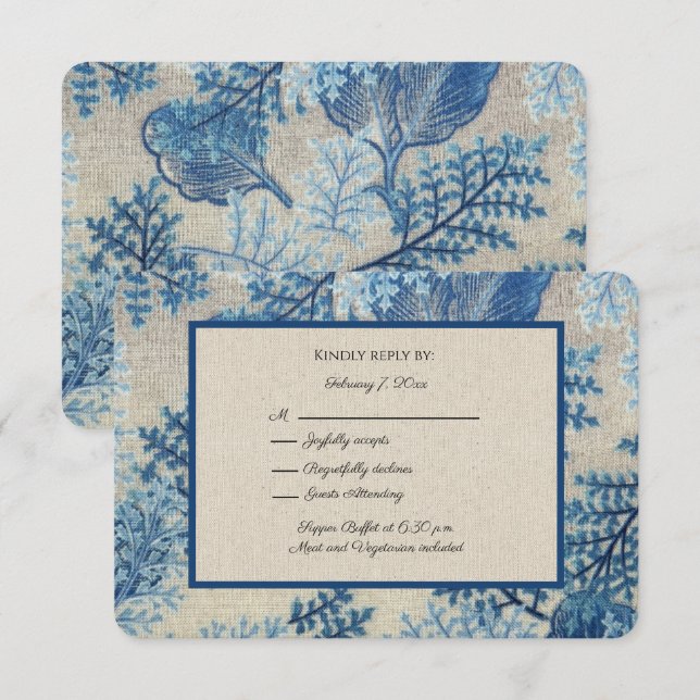Blue Leaves and Gray Linen Covid-19  RSVP Card (Front/Back)