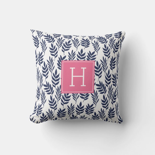 Blue Leaves and Pink Monogram Throw Pillow (Front)