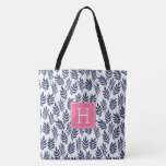Blue Leaves And Pink Monogram Tote Bag at Zazzle