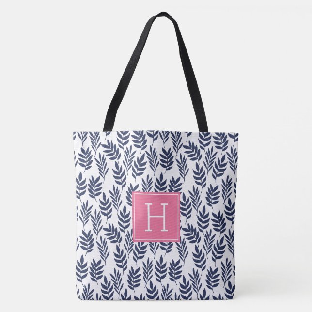 Blue Leaves and Pink Monogram Tote Bag (Front)