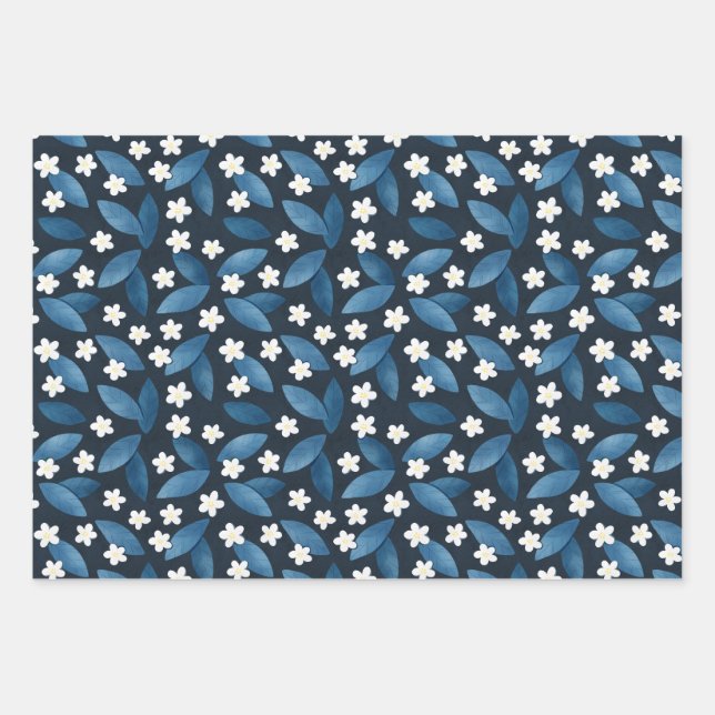 Blue Leaves and White Flowers on Dark Background Wrapping Paper Sheets (Front)
