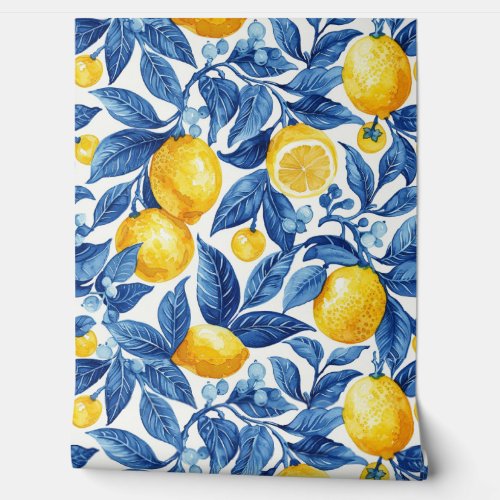 Blue Leaves and Yellow Lemons Wallpaper