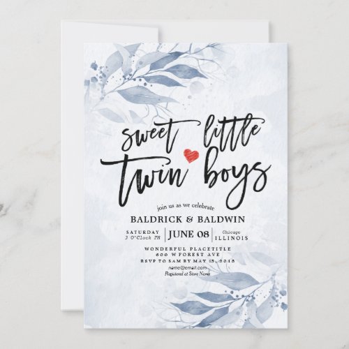 Blue Leaves Baby Shower Sweet Little Twin Boys Invitation