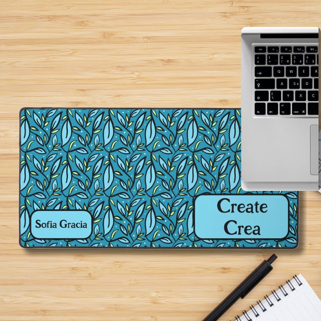 Blue Leaves Bilingual Create/Crea & Name Desk Mat (Bilingual text & custom Name desk mat. blue leaves, multilingual project)