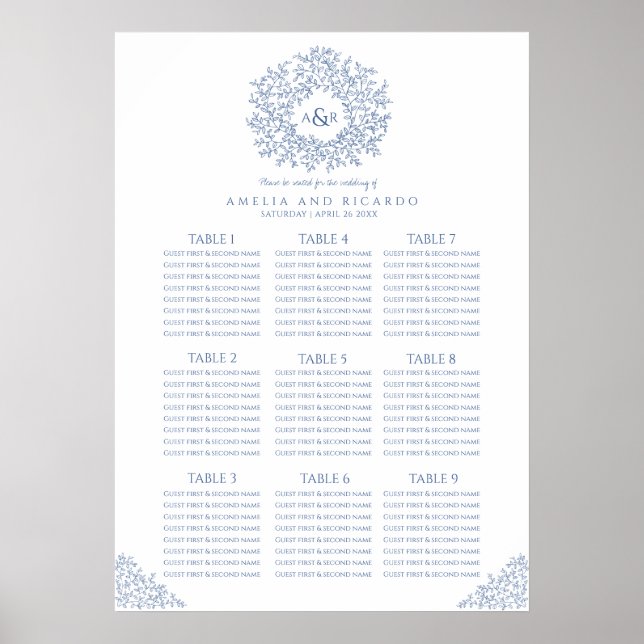 Blue leaves circle wedding seating chart poster (Front)
