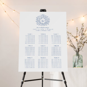 Blue leaves circle wedding seating chart welcome foam board