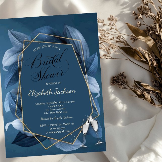 Blue Leaves Gold Frame Glass Bridal Shower Invitation (Creator Uploaded)