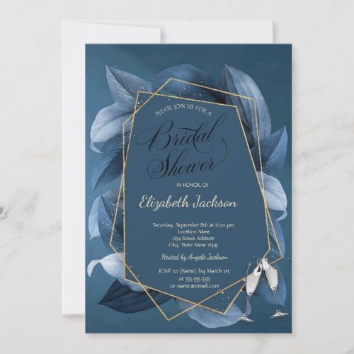 Blue Leaves Gold Frame Glass Bridal Shower Invitation