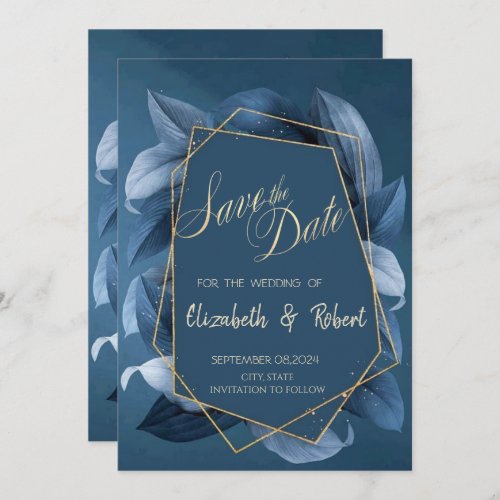 Blue Leaves Gold Frame Save The Date