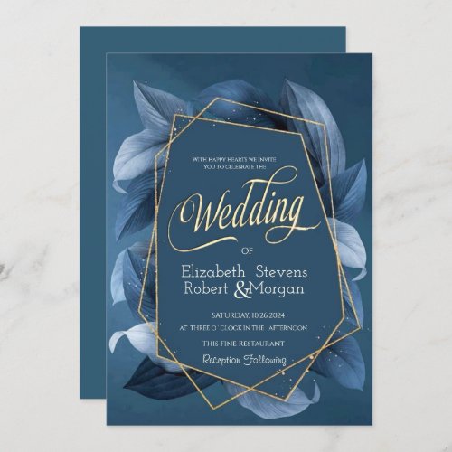 Blue Leaves Gold Frame Wedding Invitation