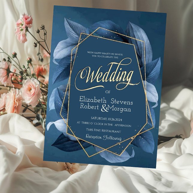 Blue Leaves Gold Frame Wedding Invitation (Creator Uploaded)