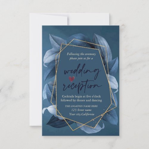 Blue Leaves Gold Frame Wedding Reception  Invitation