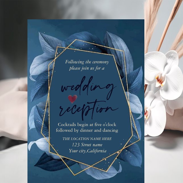 Blue Leaves Gold Frame Wedding Reception  Invitation (Creator Uploaded)
