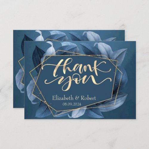 Blue Leaves Gold Frame Wedding Thank You Card