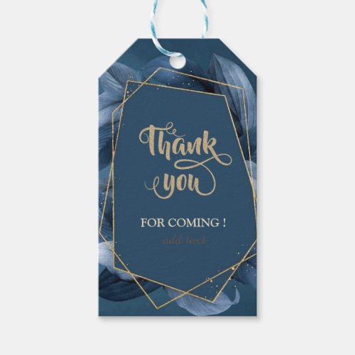 Blue Leaves Gold Frame Wedding Thank You Gift Tags
