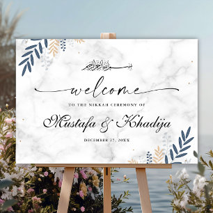 Blue Leaves Marble Muslim Wedding Welcome Sign
