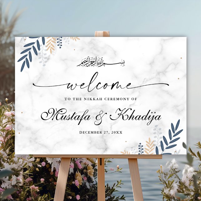 Blue Leaves Marble Muslim Wedding Welcome Sign (Creator Uploaded)