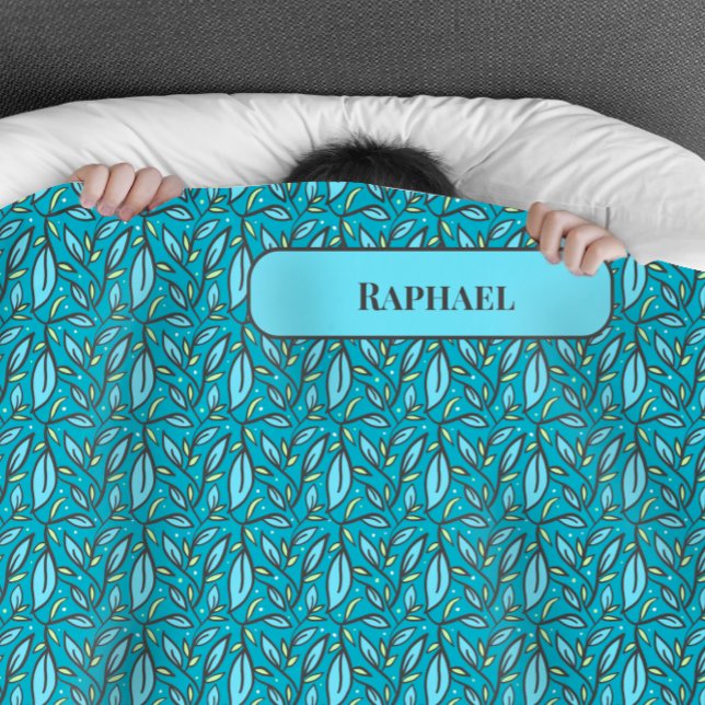 Blue Leaves Mi Pequeño Ángel Bilingual Text & Name Duvet Cover (Bilingual Duvet custom name and text mi pequeño Angel my little angel. Multilingual Project)