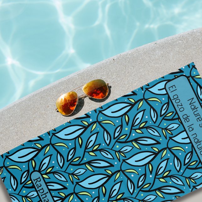 Blue Leaves Pattern Name Bilingual Text Beach Towel (Bilingual Blue leaves, beach towel, custom name & Spanish Text. Multilingual project)
