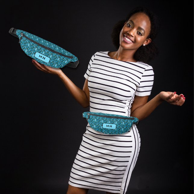 Blue Leaves Pattern with Monogram  Fanny Pack (blue leaves monogram custom fanny pack, name or text. bilingual. multilingual project)