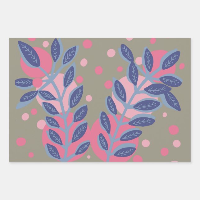 Blue leaves pink dots wrapping paper sheets (Front)