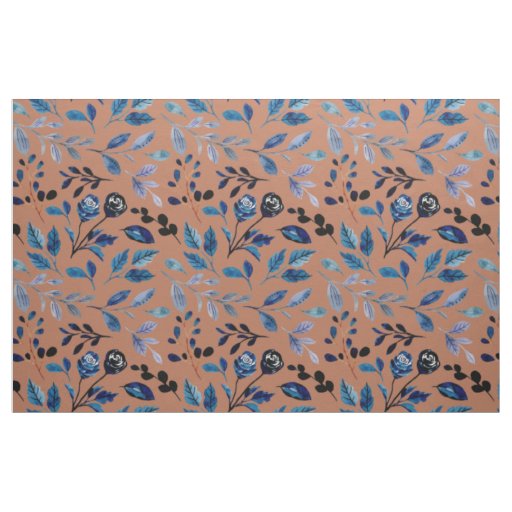 Blue Leaves Rust Burnt Orange Botanical Fabric
