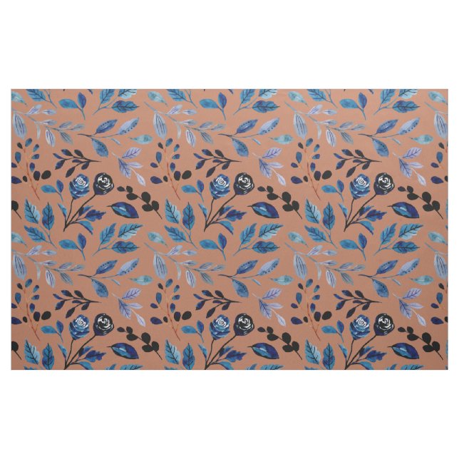 Blue Leaves Rust Burnt Orange Botanical Fabric (Yard)
