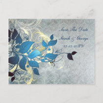 blue leaves save the date announcement postcard