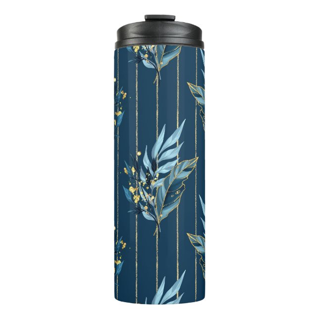 Blue Leaves Seamless Wrap Background Thermal Tumbler (Front)