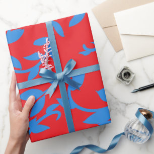 Blue Leaves Vines Red Botanical Wrapping Paper