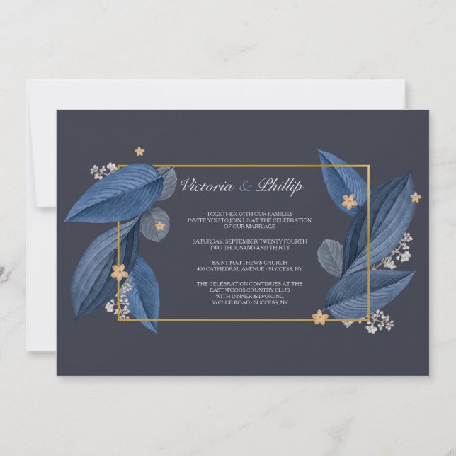 Blue Leaves Wedding Invitation (Front)