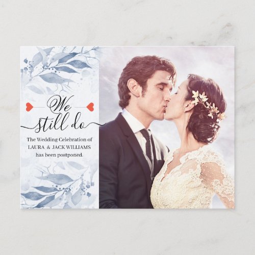 Blue Leaves Wedding Postponement We Still Do Photo Announcement Postcard