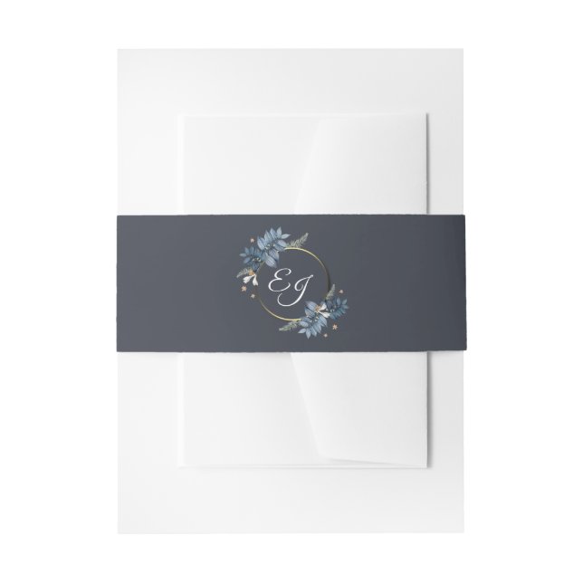Blue Leaves White Flower Modern Wedding Invitation Belly Band (Front Example)