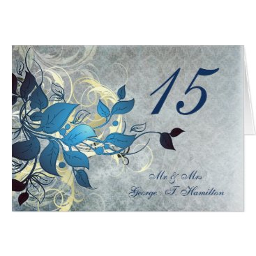 blue leaves winter wedding table seating card