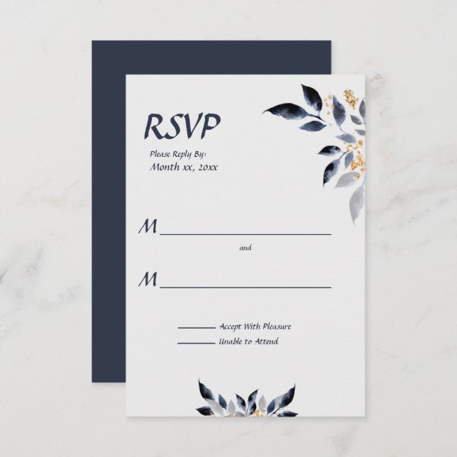Blue Leaves with Gold Wedding RSVP  (Front/Back)