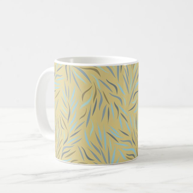 Blue Leaves Yellow Modern Pattern Coffee Mug (Front Left)