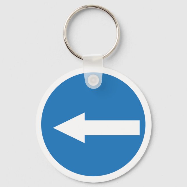 Blue Left Arrow Road Sign | Metal Circle Keychain (Front)