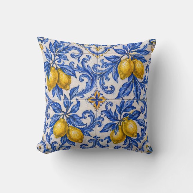 Blue Lemon Azulejo Tile Throw Pillow (Front)