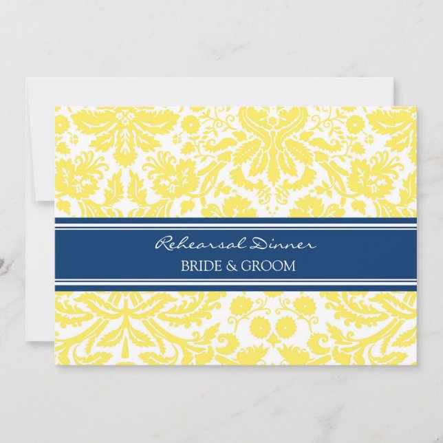 Blue Lemon Damask Rehearsal Dinner Party Invitation (Front)
