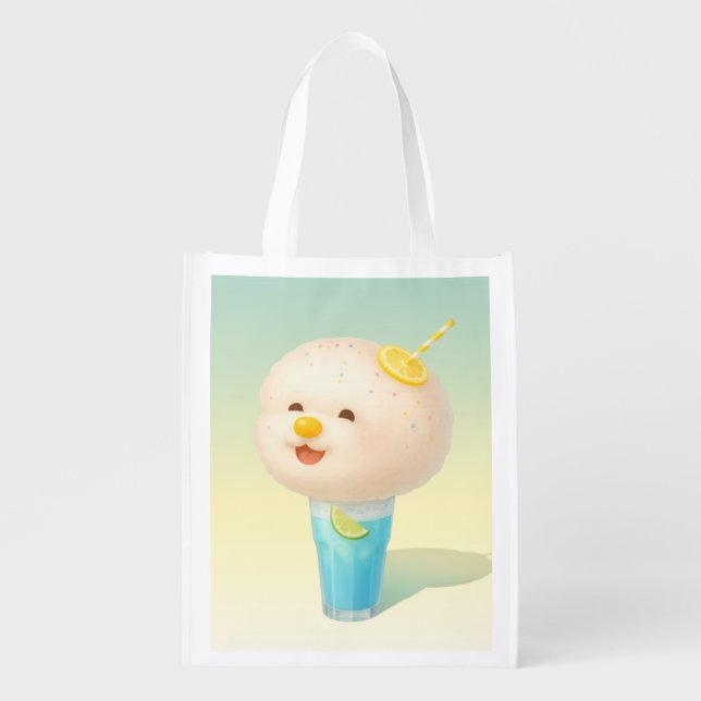 Blue Lemon Float: Smiling Bichon Cotton Candy Grocery Bag (Front)