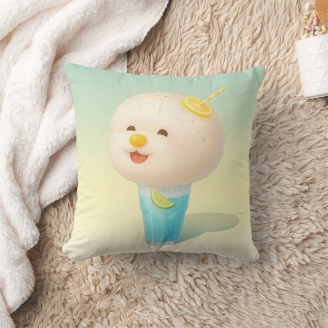 Blue Lemon Float: Smiling Bichon Cotton Candy Throw Pillow (Blanket)