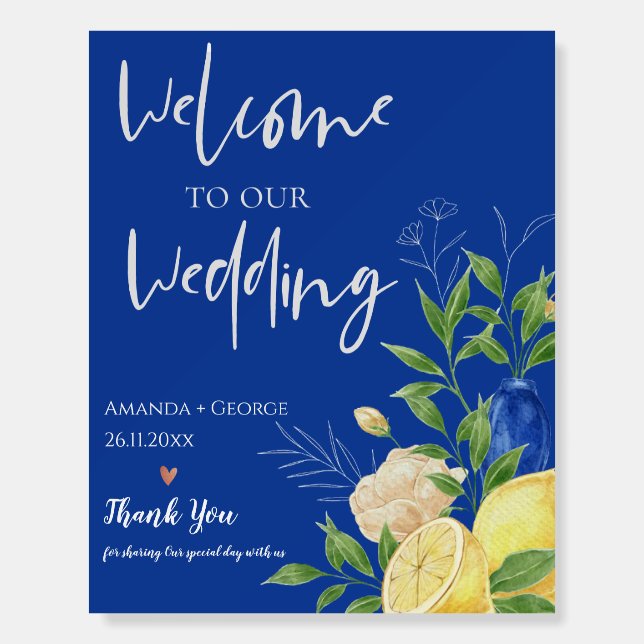 Blue Lemon Floral Citrus Summer Wedding Welcome Foam Board (Front)
